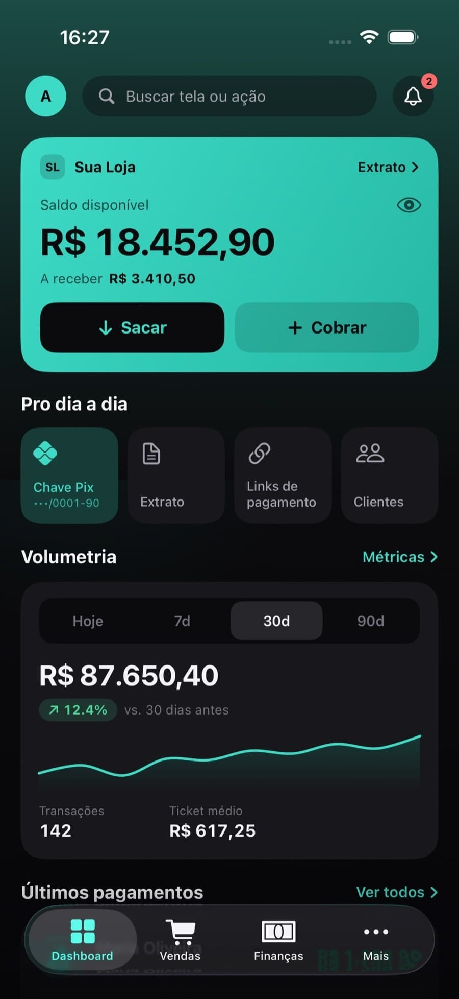 Tela inicial do aplicativo YuvexPay, com o saldo da empresa e as últimas vendas